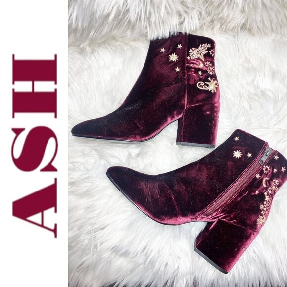 ASH Elixir Burgundy Velour Chunky Heel Bootie Gold Stars & Moons, Size 40 - Picture 6 of 14